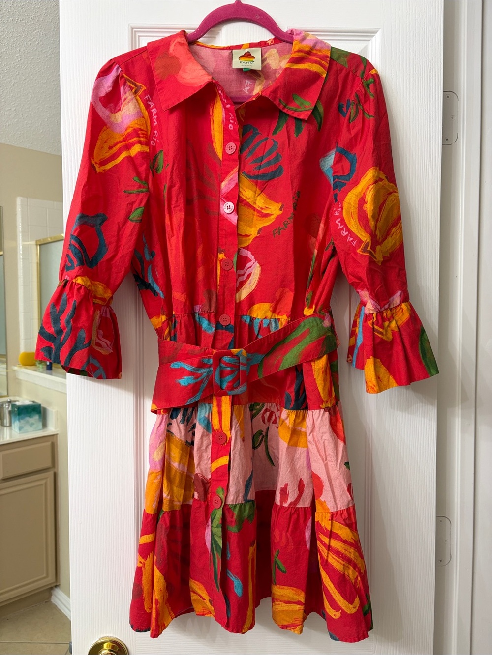Bright Red Floral Button-Front Shirt Dress with Belt